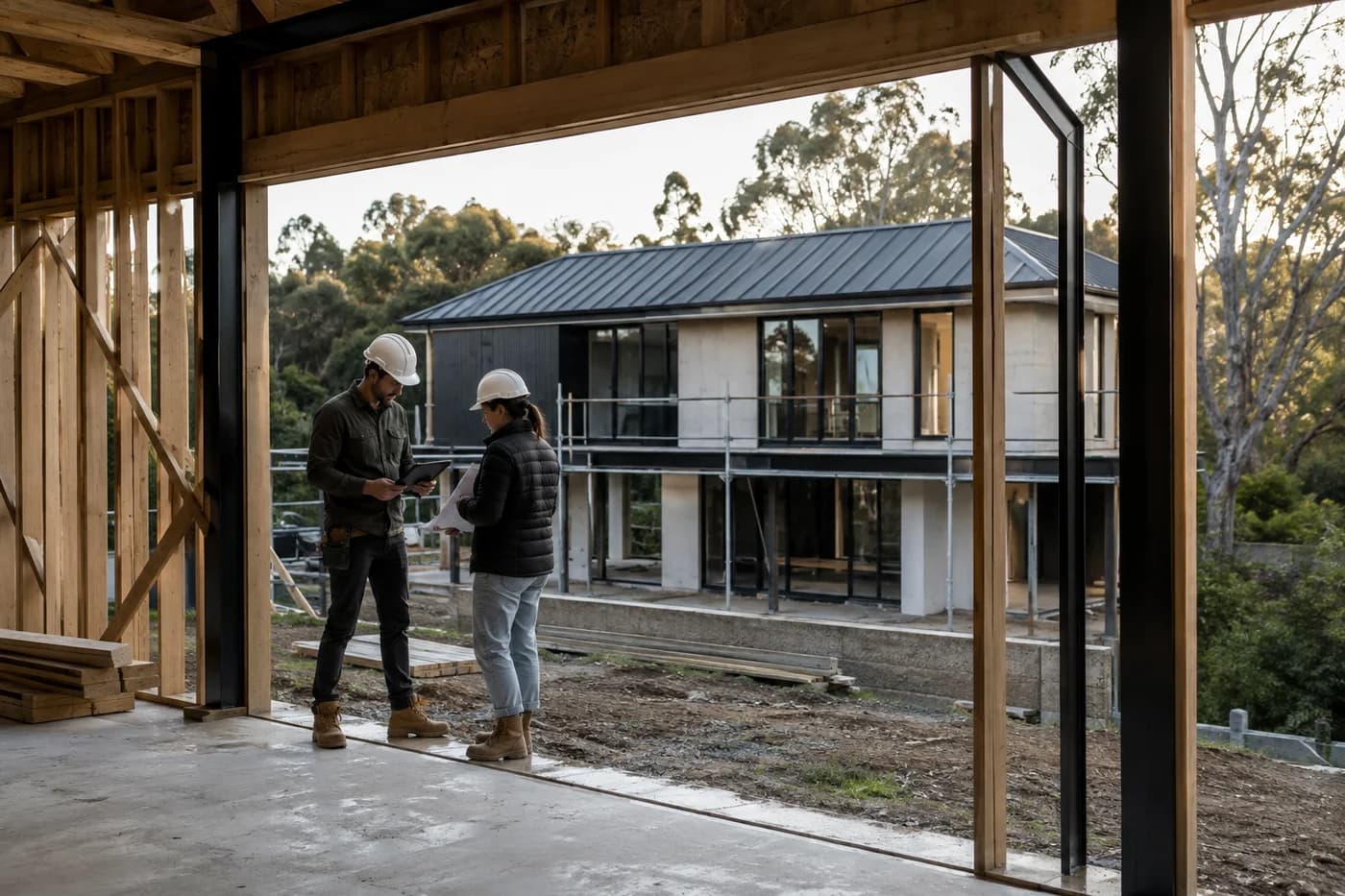 Two construction professionals reviewing plans at a residential timber-frame jobsite
