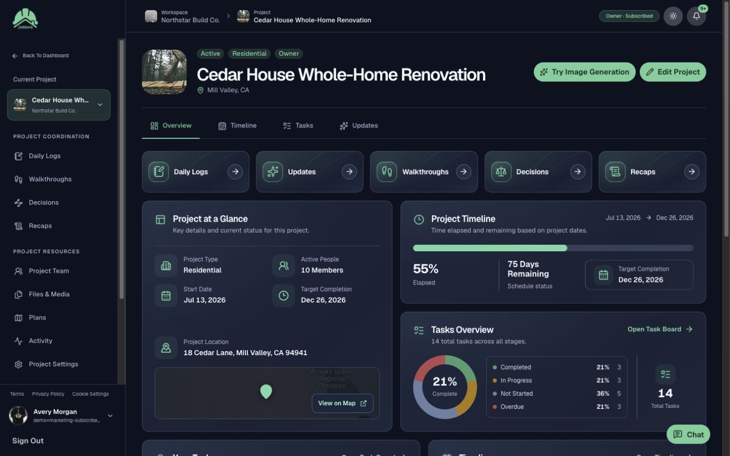 JobLens web project overview showing timeline, tasks, and project information with demo data