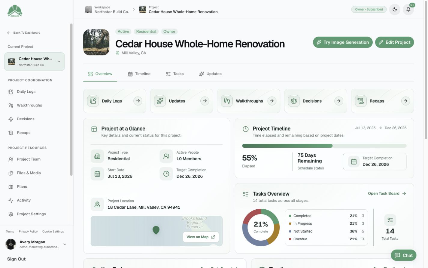 JobLens web project overview showing timeline, tasks, and project information with demo data
